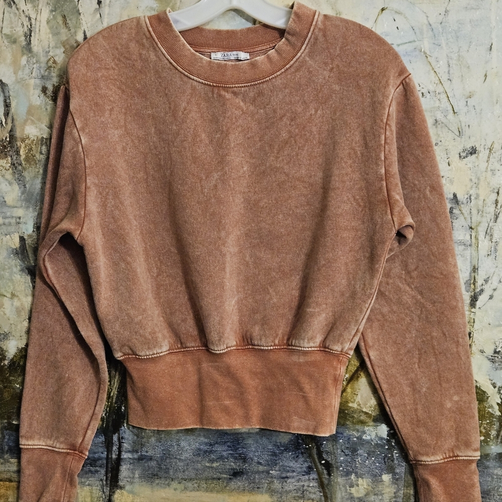 ZARA Basic Acid Wash Terracotta Cropped Crewneck Sweatshirt W's Sz S